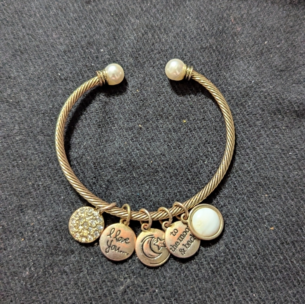 Gold Tone Clear Rhinestone I Love You To The Moon And Back Charm Bracelet